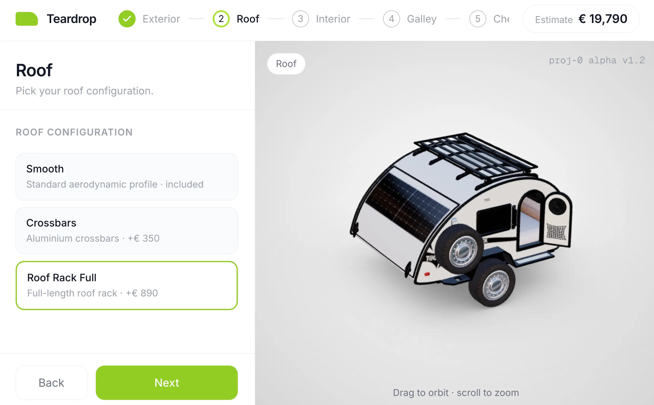 Preview of the 3D teardrop trailer configurator shown on a tablet
